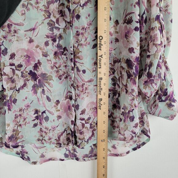 Kut From The Kloth Womens MP Floral Roll Tab Sleeve Semi-Sheer Button-Up Blouse - Picture 2 of 8